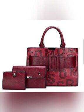 Burgundy Red Leather Tote and Wallet 3 Piece Set
